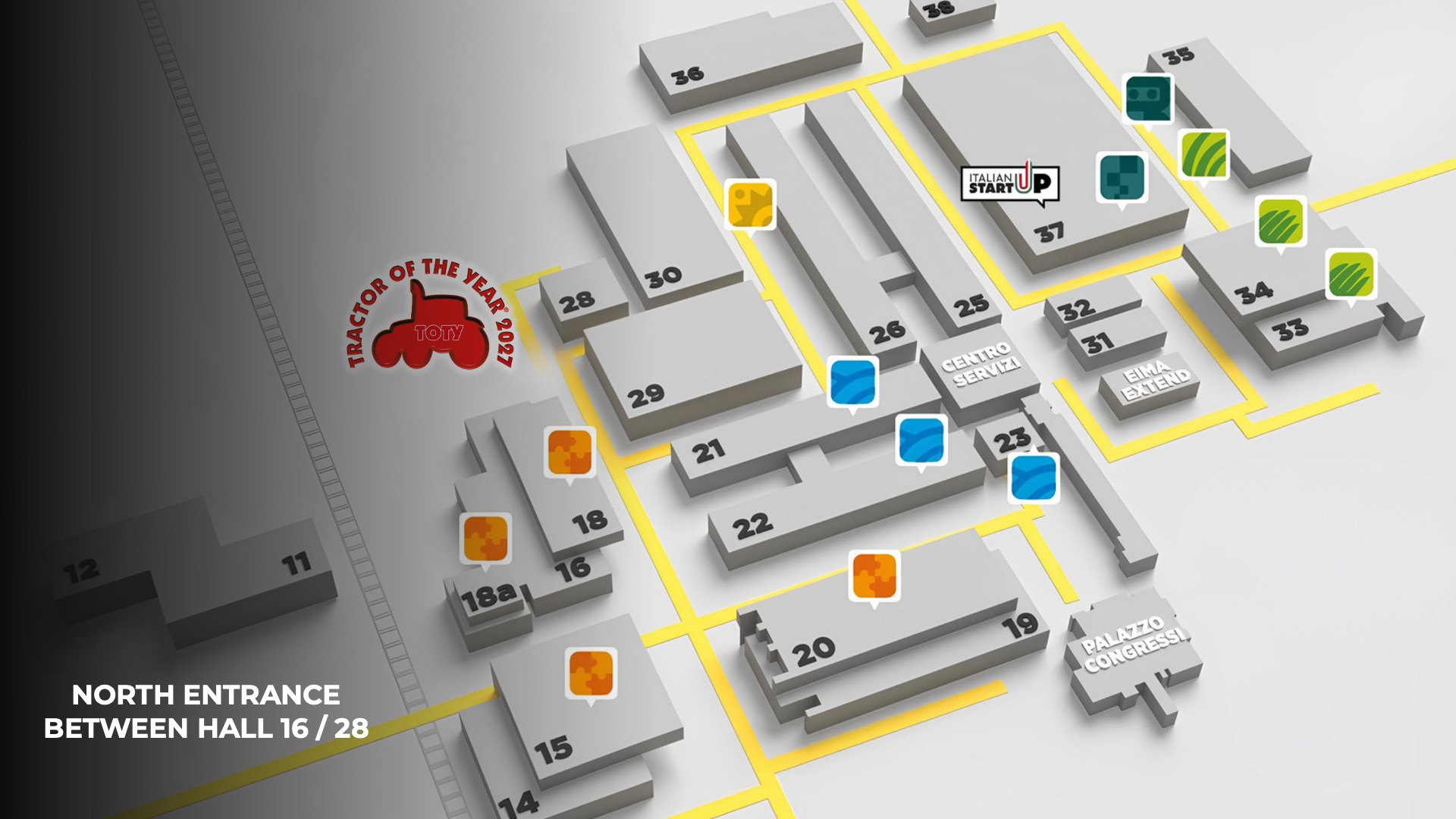 Plattegrond met de TotY Arena bij de noordelijke ingang tussen hal 16 en 28